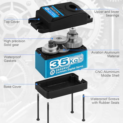 35KG Waterproof Metal Gear RC Servo, Blue, 180° | 35KG high-torque steering servo with metal gears and waterproof housing for 1/10 RC cars, crawlers and robots.