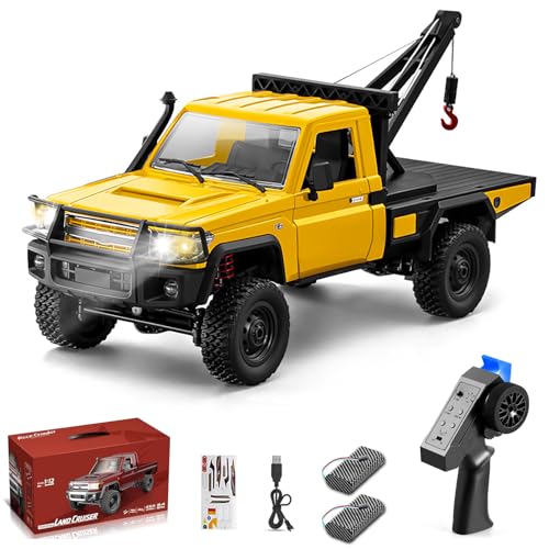 RC Crawler, 1:12 Scale MN82-T RC Crane Truck 4WD LC79 Crawler | Crane One‑key Hook, Lights, Speed Adjustment, Tires All Terrain Wrecker 2.4GHz Rock Crawler for Hobbyists (Yellow)