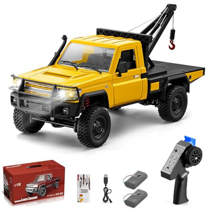 RC Crawler, 1:12 Scale MN82-T RC Crane Truck 4WD LC79 Crawler | Crane One‑key Hook, Lights, Speed Adjustment, Tires All Terrain Wrecker 2.4GHz Rock Crawler for Hobbyists (Yellow)