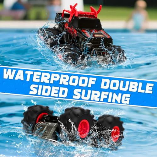 Remote Control Car for Kids, Waterproof RC Monster Truck with Gesture Band | All Terrain Waterproof RC Car Drives on Land and Water with 4WD, LED Lights, Spray, 360° Stunts, Tracks and 50+ Min Play - color: Red
