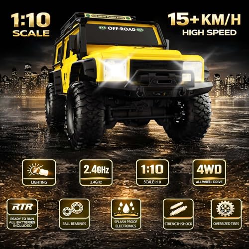 RC Cars RC Crawler 1/10 Scale RTR Remote Control Car 4WD 2.4GHz Brushed Offroad Racing Hobby Grade Model Vehicle with LED Lights 2Pcs Battery Toy for Kids and Adults - color: B-yellow