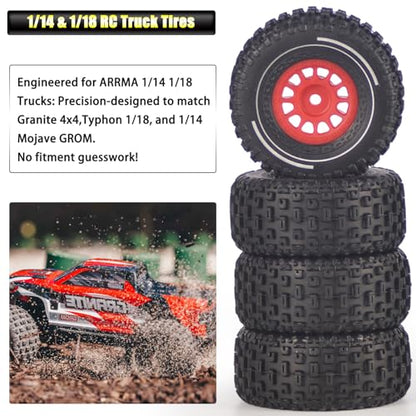 Pre-Glued 1/16 & 1/18 RC Truck Tires & Wheels - 12mm Hex 2.56" OD, Red | All-Terrain Tires for Traxxas Slash, ARRMA Mojave GROM, Tamiya, Kyosho, HPI - Durable Nylon Wheels for On/Off Road Bashing - color: Red