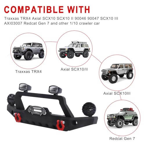 1/10 RC Crawler Metal Front Bumper Set with Winch & 5mm White LED Lights, Compatible with TRX-4, Axial SCX10 II 90046 / SCX10 III AXI03007, Redcat Gen 7 - style: Front Bumper