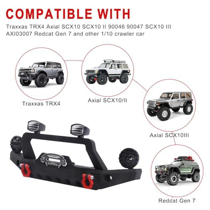 1/10 RC Crawler Metal Front Bumper Set with Winch & 5mm White LED Lights, Compatible with TRX-4, Axial SCX10 II 90046 / SCX10 III AXI03007, Redcat Gen 7 - style: Front Bumper