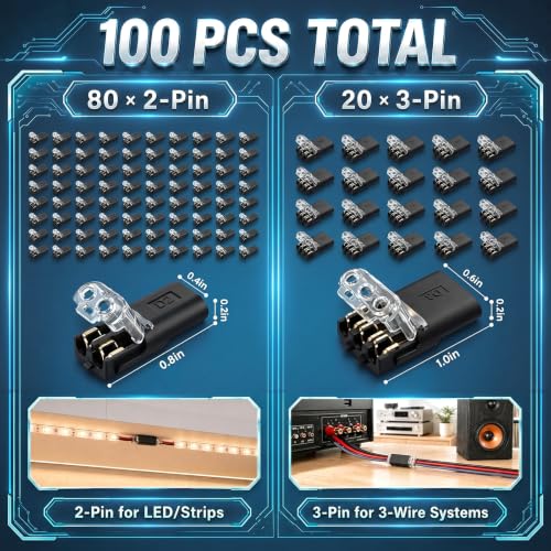 100Pcs Quick Disconnect Wire Connectors Kit, 80x 2-Pin & 20x 3-Pin Double Wire Plug-in Connectors with Locking Buckle, Electrical Connectors for LED Strip Lights, Automotive (Storage Box)