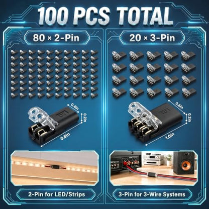 100Pcs Quick Disconnect Wire Connectors Kit, 80x 2-Pin & 20x 3-Pin Double Wire Plug-in Connectors with Locking Buckle, Electrical Connectors for LED Strip Lights, Automotive (Storage Box)