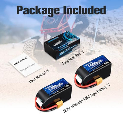 6S Lipo Battery 1400mAh 22.2V 100C with XT60 Plug Fit for FPV Drone Quadcopter Helicopter Airplane Rechargeable Racing Battery - style: 2PACK