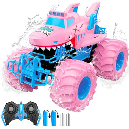 Waterproof Shark Remote Control Car, 1:16 Amphibious RC Cars 4WD All Terrain Off Road Monster Trucks Toys, RC Truck Pool Toys for Kids 3-5 6-8 8-12 Year Old Girl Birthday Gift, Pink - color: Pink