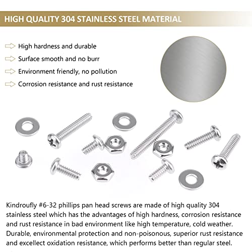 242 Pieces #6-32x 3/16", 1/4", 5/16", 3/8", 1/2", 5/8", 3/4", 1", Phillips Pan Head Machine Screws Nuts Washers Assortment Kit, 304 Stainless Steel, Fully Machine Thread - size: #6-32