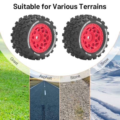 1/18 RC Car Tires and Wheels, daitoku 12mm Hex RC Truck Tires for 1/18 ARRMA Granite Typhon WLtoys A949 MJX Hyper Go H16 - Style A (Red)