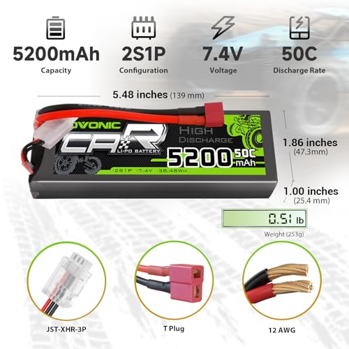 OVONIC 2s Lipo Battery 50C 5200mAh 7.4V Lipo Battery with Dean-Style T Connector for Car Truck Boat Vehicles (2 Packs)(with Lipo Voltage Checker)