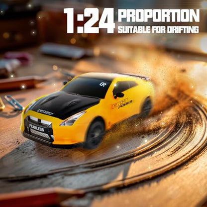 SANCO 1:24 RC Drift Car with LED Lights, 2.4GHz Remote Control Car, Includes 2 Batteries & 2 Sets of Tires for Racing & Drifting, Electric Hobby Racing Toy for Adults, Boys & Kids(Yellow)