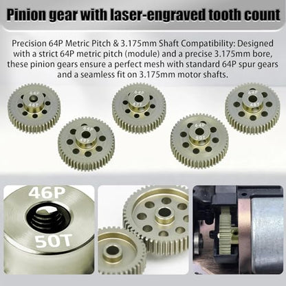 5Pcs 64P Aluminum Alloy Pinion Gear Set 3.175mm 46T 47T 48T 49T 50T Motor Pinion Gear W/ M4 Screw and Hex Key, Fit 3.175mm (1/8-Inch) Shaft, for Arrma HPI Kyosho Losi Axial Traxxas Tamiya 1/10 RC Car - size: 64P-3.175mm-46-50T