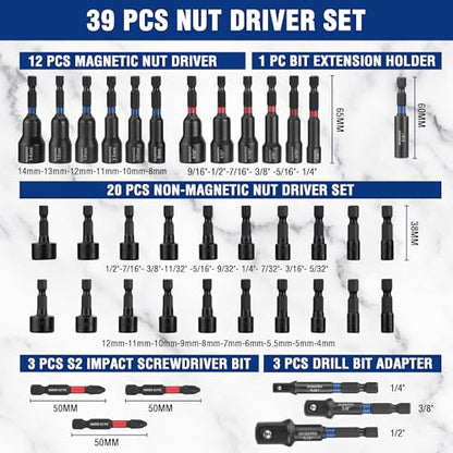 WORKPRO 39 PCS Magnetic Nut Driver Set, Impact Driver Bit 1/4" Hex Shank | SAE & Metric Cr-V Steel Power Nut Drivers with Impact Socket Adapters, Screwdriver Bits, Bit Holder, Sturdy Tool Box - size: 39PCS Magnetic Nut Driver Set