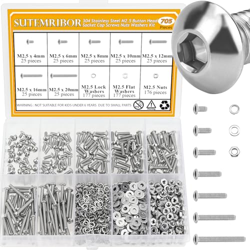 705 Pieces M2.5 Screws Nuts Washers Set, Sutemribor M2.5 x 4/6/8/10/12/16/20mm Button Head Socket Cap Screws Nuts Washers Assortment Kit, 304 Stainless Steel, Fully Threaded - size: M2.5 Screws Kit, style: Button Head
