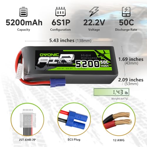 OVONIC Lipo Battery 5200mAh 50C 22.2V 6S RC Battery with EC5 Connector for RC Plane DJI Quadcopter RC Airplane RC Helicopter RC Car Truck Boat 2pcs