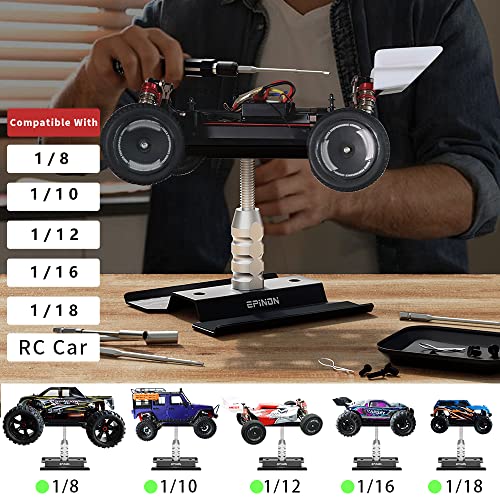RC Car Stand with RC Screwdriver & Screws Pallet for 1/8 1/10 1/12 1/16 1/18 RC Car | 360-degree Rotation, Adjustable Height 3.54in to 5.11in