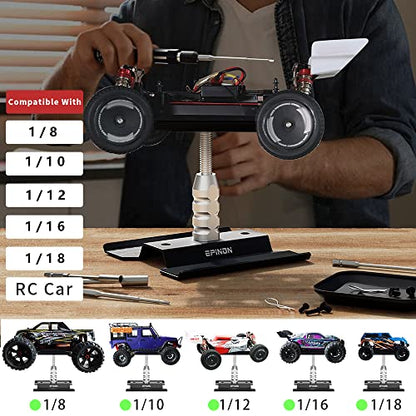 RC Car Stand with RC Screwdriver & Screws Pallet for 1/8 1/10 1/12 1/16 1/18 RC Car | 360-degree Rotation, Adjustable Height 3.54in to 5.11in