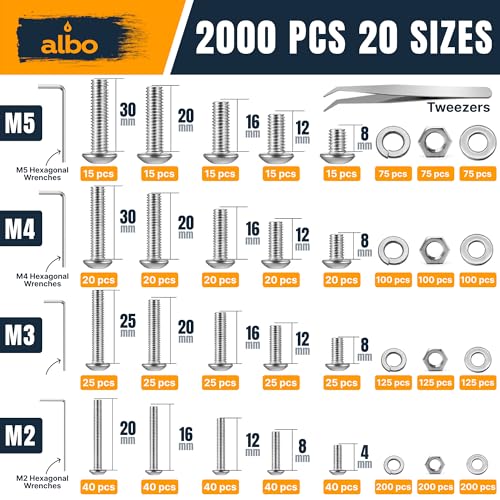 ALBO 2000 Pcs M2-M5 Socket Head Cap Screw Kit, 304 Stainless Steel | Matching Nuts, Washers, Allen Keys and Tweezers Included, Everything You Need in One Kit