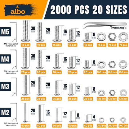 ALBO 2000 Pcs M2-M5 Socket Head Cap Screw Kit, 304 Stainless Steel | Matching Nuts, Washers, Allen Keys and Tweezers Included, Everything You Need in One Kit