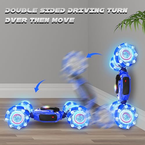 Gesture Sensing RC Stunt Car, Hand Controlled Remote Control Twist Cars | 4WD Remote Control Car with Lights, Music & Spinning Stunt, Birthday Toy Gift for Kids Boys Girls Age 6 7 8 9 10 11 12 - color: Blue