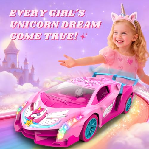 Unicorn RC Car for Girls, Rainbow Glow & Drift Wing Remote Control Car,2.4GHz RC Cars 1:18 Scale,Kids Toys Age 3 4 5 6 7 8 9 10 11 12,Girls Birthday Gifts,Valentines Day Gifts for Kids 3-12 Year Old