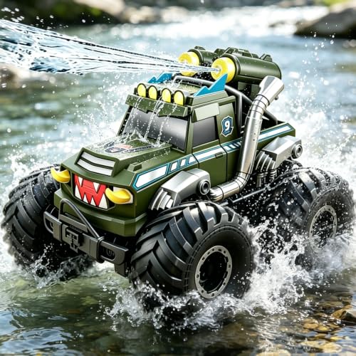 Dual Remote Control RC Car with Magic Gesture Wristband & 40+ Min Play, 1:18 Fully Submersible Waterproof All Terrain 4WD Monster Truck, Amphibious Toy Crawler Gift for Boys Girls Ages 6-12-Green - color: Green 2