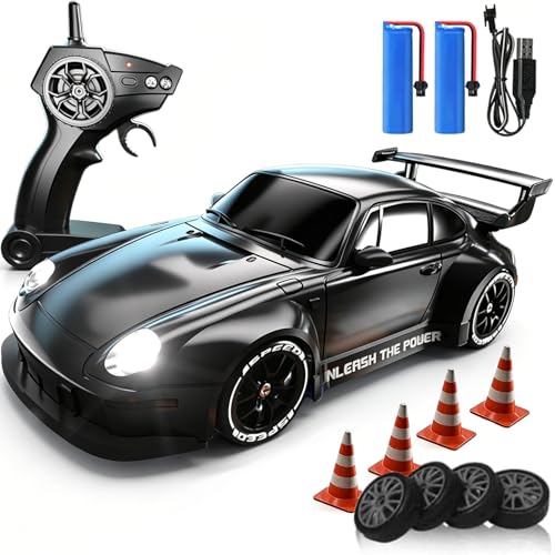 1:20 Scale RC Drift Car 4WD 2.4GHz Remote Controlled Racing Car LED Lights and Tyres Designed Specifically for Racing and Drifting Comes with 2 Batteries Suitable for Beginners (Black) - color: 30-black