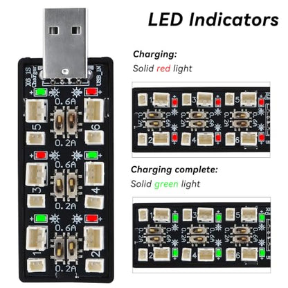 3.7V/4.2V Lipo Battery Charger - 1S Lipo 6 Channel LiHV JST Charger with USB and Micro JST 1.25 JST-PH 2.0mm Plug for Tiny Whoop Blade Inductrix FPV E013 E010 JJRC H67 H36