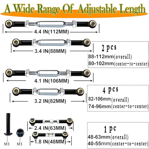 (2026 New) 74-112 mm Stainless Steel Turnbuckles with Spacers for RC Car,XZSNLYZ Upgrade Hops Up Camber Links Parts fit for 1/10 Traxxas Slash 2WD All Model, Rustler 2WD,Slash 4X4,Hoss,Stampede,Black - color: Stainless Steel & Black