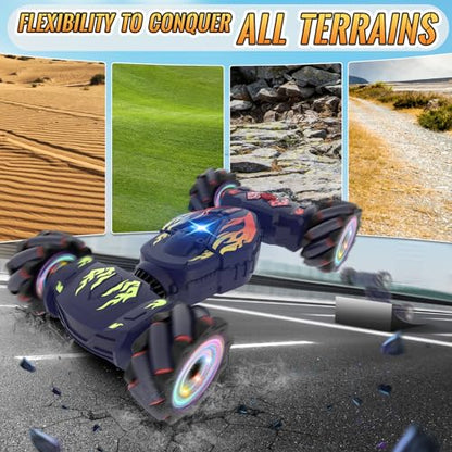 Pristar RC Cars, Gesture Sensing RC Stunt Car Toys for Boys Girls 6-12 | 2.4Ghz 4WD Remote Stunt Car with Spray Lights Music 360°Fast Off-Road Transform, Birthday Xmas Gifts for Kids Age 6-12 - color: Blue-flame