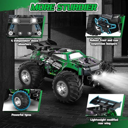 All-Terrain Remote Control Car for Boys 8-12 Headlight (Green) | Monster Remote Control Truck Rechargeable, 2 Motors 10KM/H 2.4GHZ Speed-friendly, Sturdy RC Cars for Christmas Beginner Kids - color: Green