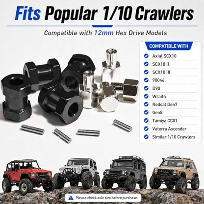 4PCS 12mm Hex Hub 15mm Aluminum Extension Hex for Axial SCX10 D90 90046 | 15mm CNC Wheel Hex Extenders for 1/10 RC Crawlers Redcat Gen7/Gen8 CC01 RC4WD Wider Stance & Tire Clearance with M4 Nuts Pins - color: Black