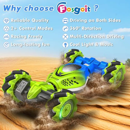 Fosgoit Gesture Sensing RC Stunt Car, Remote Control Car for Boys and Girls | Cool Birthday Gifts, Toys for Boys and Girls Age 6 7 8 9 10 11 12 Years Old, 4WD Remote Control Car, with Lights Music - color: Green-blue