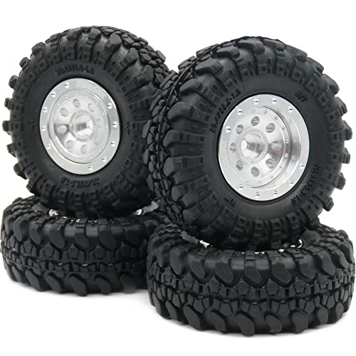 Adjustable Offset RC 1.0 Wheels and Tires, 1/24 Tires & Heavy 1.0 Beadlock Wheels Silver for 1:24 RC Crawler Axial SCX24 Upgrade & Other 1/24 Crawler Truck,(4-Pack, Assembled) - color: Silver