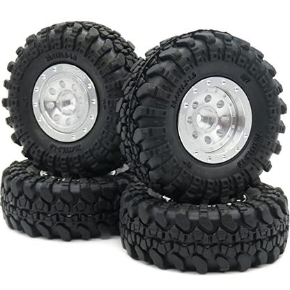 Adjustable Offset RC 1.0 Wheels and Tires, 1/24 Tires & Heavy 1.0 Beadlock Wheels Silver for 1:24 RC Crawler Axial SCX24 Upgrade & Other 1/24 Crawler Truck,(4-Pack, Assembled) - color: Silver