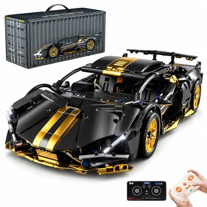 RC Car Building Kit, 1:14 App Control Car Kit with LEDs | car kit with 790+ pieces, opening doors, LED lights, app control, and responsive driving; built for solo projects. - color: Black and Gold