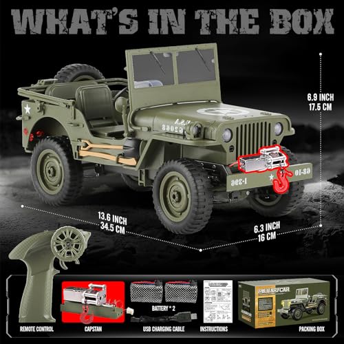 1/10 Scale RC Military SUV, Remote Control 4WD Off-Road Vehicle with Alloy Frame Chassis, with Winch, Army Vehicle with Opening Hood and Folding Windshield, 2 Batteries - color: Rc Car + Winch + 2 Battery