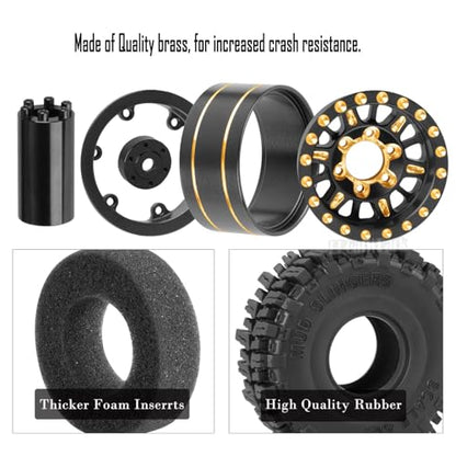 Brass 1.0 Beadlock Wheel and Tires with Adjustable Offset for 1/18 Trx4m,1/24 SCX24 RC Crawler Car,RC Brass 1.0" Dually Beadlock Rims Wheels,RC Truck Tires,4pcs