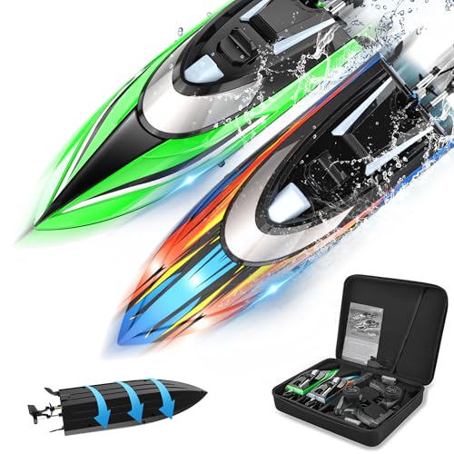 BEZGAR 2 Pack 12 Inch 30 KPH Fast RC Boats with LED Lights & Case | 30 KPH Speed remote control boats; 8-Shaped Stunt Mode; LED Lights & Storage Case; Waterproof Boats for Pools & Lakes - color: Green