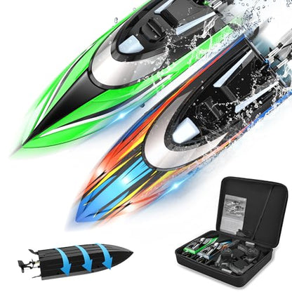 BEZGAR 2 Pack 12 Inch 30 KPH Fast RC Boats with LED Lights & Case | 30 KPH Speed remote control boats; 8-Shaped Stunt Mode; LED Lights & Storage Case; Waterproof Boats for Pools & Lakes - color: Green
