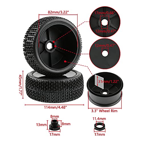17mm Tires & Hard Dish Wheels with Drive Hex Adapters | 4pcs, For 1/8 Buggy RC Racing Car, Kyosho Tamiya Redcat HPI Traxxas AE Losi TLR HSP, 94762 94081 - color: Black Hard Dish