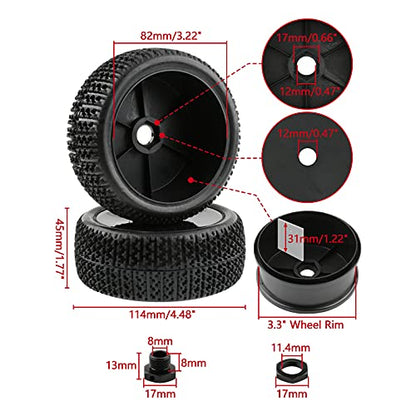 17mm Tires & Hard Dish Wheels with Drive Hex Adapters | 4pcs, For 1/8 Buggy RC Racing Car, Kyosho Tamiya Redcat HPI Traxxas AE Losi TLR HSP, 94762 94081 - color: Black Hard Dish