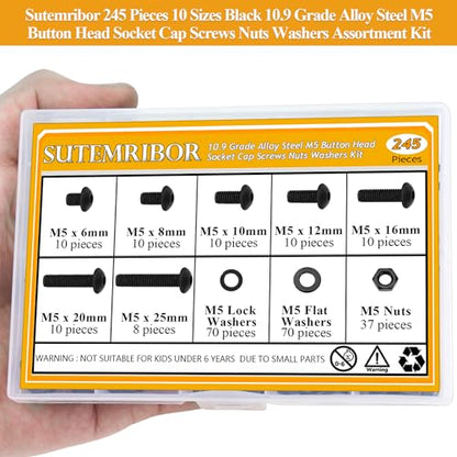 245 Pieces M5 Screws Nuts Washers Set Black, Sutemribor M5 x 6/8/10/12/16/20/25mm Button Head Socket Cap Screws Nuts Washers Assortment Kit, 10.9 Grade Alloy Steel, Fully Threaded - size: M5, style: Button Head Socket Cap