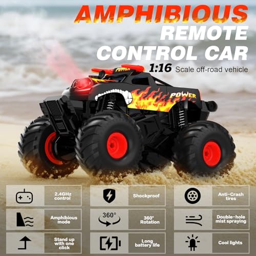 Amphibious Remote Control Car 4WD | Waterproof RC Cars with Dual Spray Mist & Led Lights,1:16 RC Monster Truck for All Terrain Off-Road Pickup Toys Gifts for Boys/Girls Age 8-12+ - color: Black