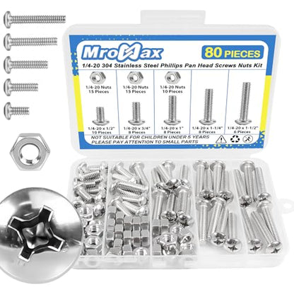 1/4-20 x 1/2" to 1-1/2" Pan Head Machine Screws Kit for Furniture Assembly | 80Pcs with Nuts, 304 Stainless Steel UNC Fully Threaded Phillips Drive, for Automotive Parts, Panel Mounting, Electronics DIY - size: 1/4-20