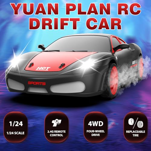 RC Drift Cars, 2.4Ghz 1:24 Remote Control Car 4WD High Speed Drifting RC Car with LED Light and Drift Tires Racing Toy Cars for Kids Boys Girls Adults(Black) - color: Black