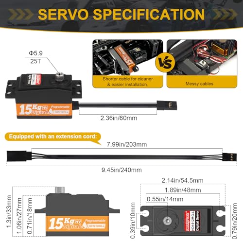 HobbyPark Low Profile Servo 0.07sec Fast Speed Steering Servo 15kg fit 1/10 RC Touring Cars Drift for Tamiya TT02 HPI RS4 Sport 3 Sprint 2 Kyosho Fazer Mk2 MST Traxxas 4-Tec 3.0 2.0 Waterproof