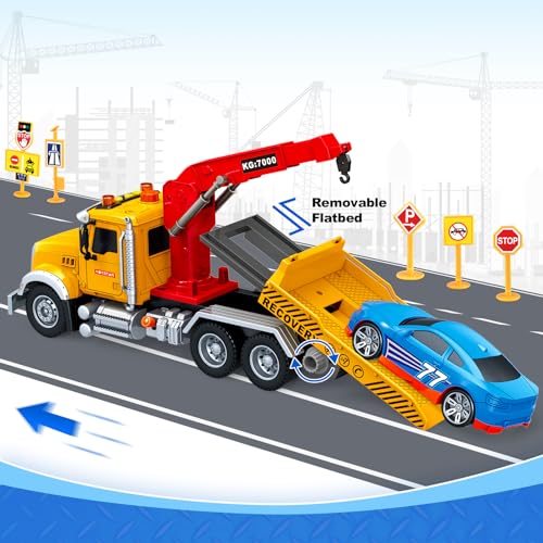 Kids Toys for 3 4 5 6 7 Years Old Boys, 15" Large Tow Truck Toy, Friction Powered Transport Truck Crane Vehicle Toy with Lights and Sounds, Racing Car, Traffic Signs, Birthday Gifts for Boys Girls - style: Tow Truck