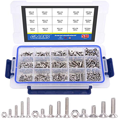 Glarks 510Pcs Metric M3 M4 M5 304 Stainless Steel Flat Head Countersunk Socket Cap Bolts Screws Nuts Assortment Kit, Allen Hex Drive - size: Flat Head Socket Cap Screws Set